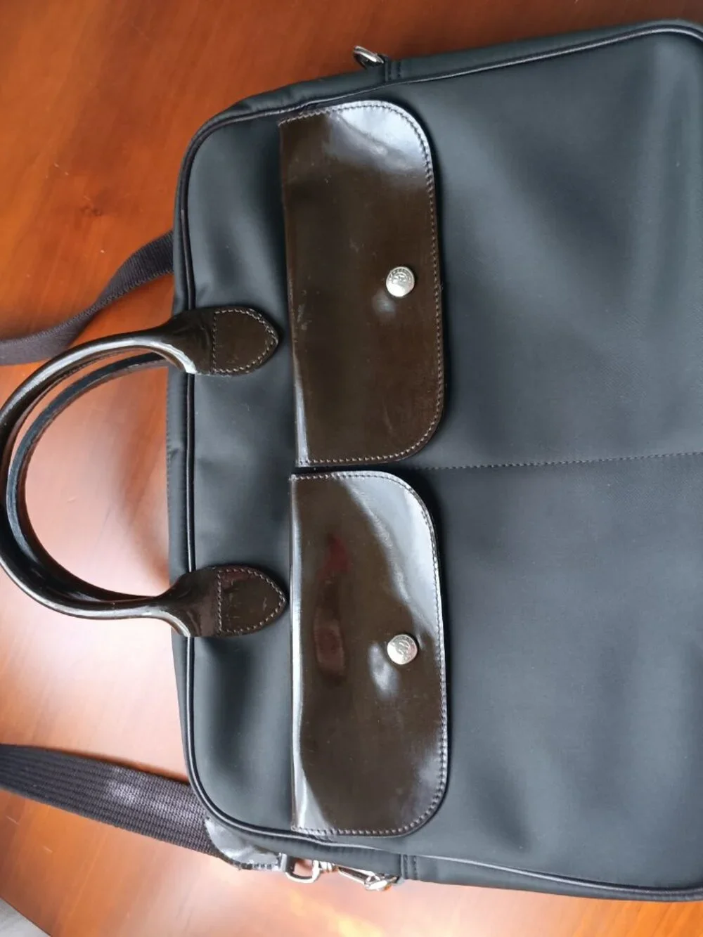 Longchamp Briefcase Brown Nylon Canvas & Patent Leather Pre-Loved MADE IN FRANCE